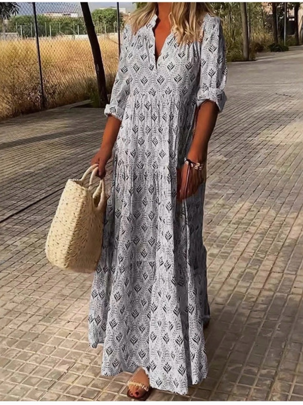 Boho Maxi Dress - Light Gray Printed Long Sleeve